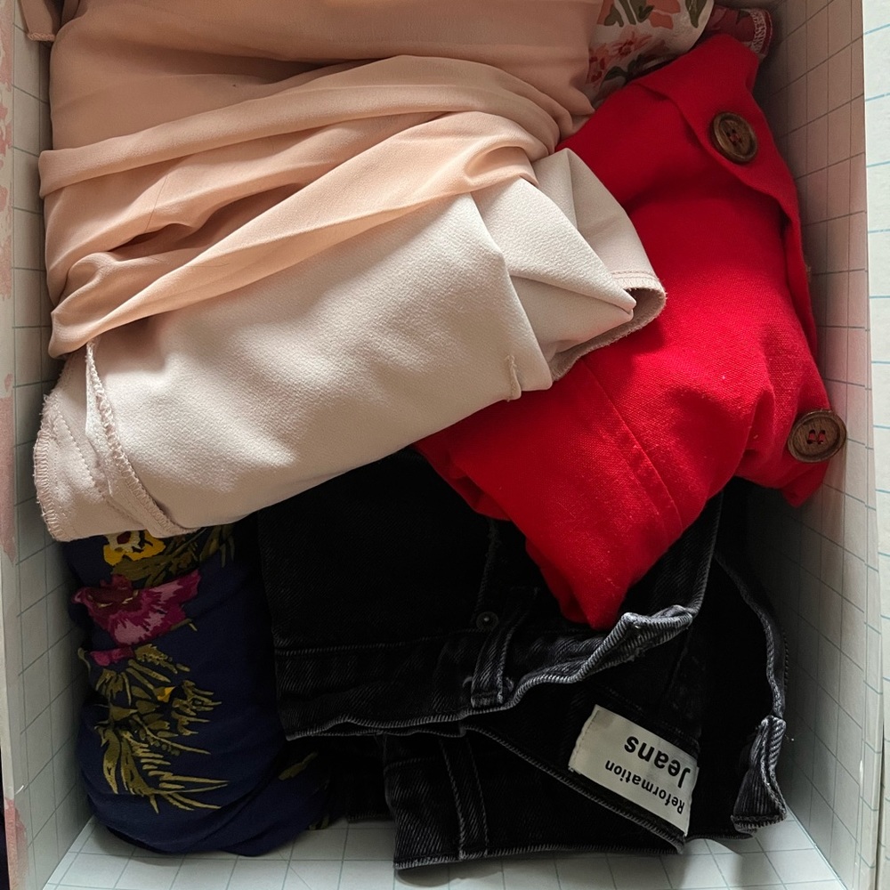 2 dresses from lulus, 1 reformation shorts, 1 long pleated skirt from ASOS